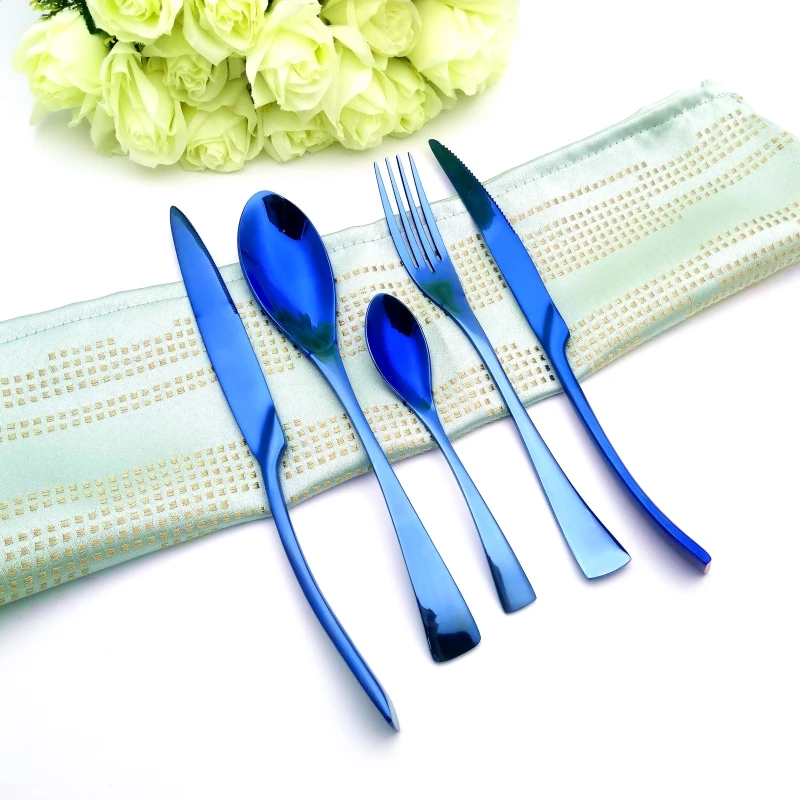 Western Cutlery Set with Blue Soup Spoon, Steak Knife, Salad Fork, Mirror Polish Dinnerware, Household Dinner Tools, 5 PCs/Set