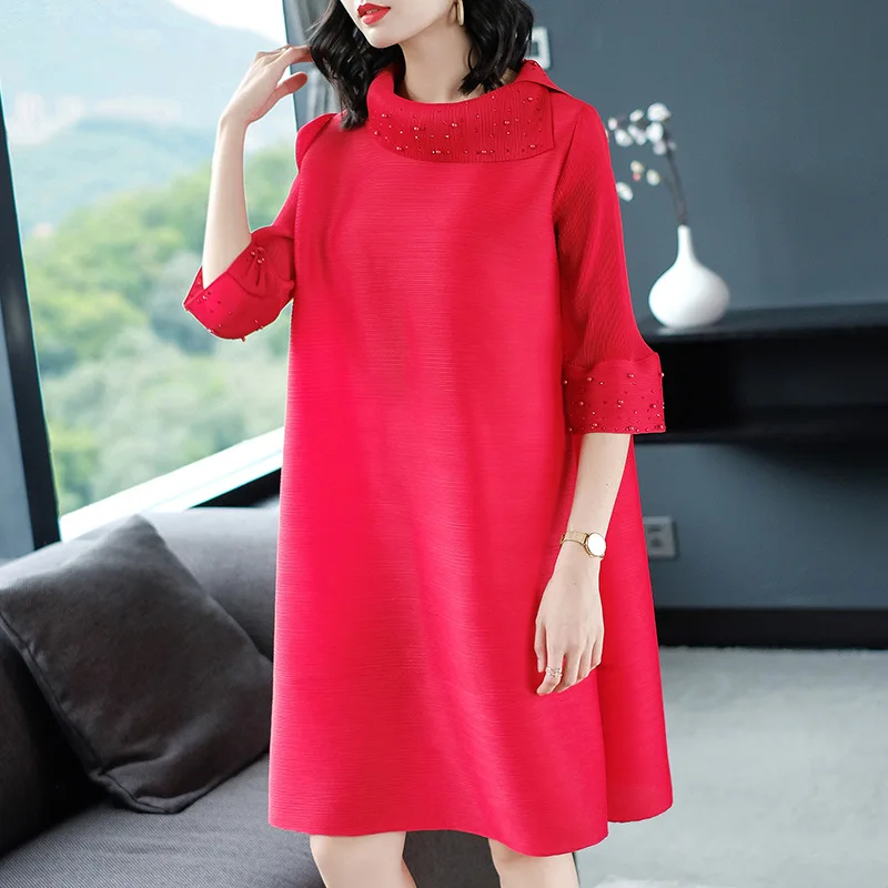 

Women Pleated Autumn Fashion New Solid Color Lady Elegant Popular Loose One Piece Dress