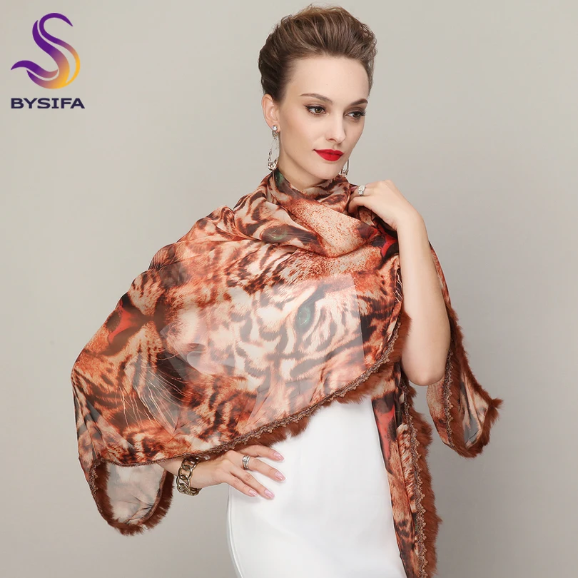 [BYSIFA]  Green Pink  Women Genuine Rabbit Fur Scarves Fashion Chiffon Large Silk Scarf Leopard Printed Winter Warm Scarf Shawl