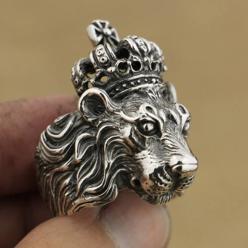 LINSION Handmade 925 Sterling Silver Crown Lion King Mens Biker Rock Punk Ring TA75 US Size 7~15