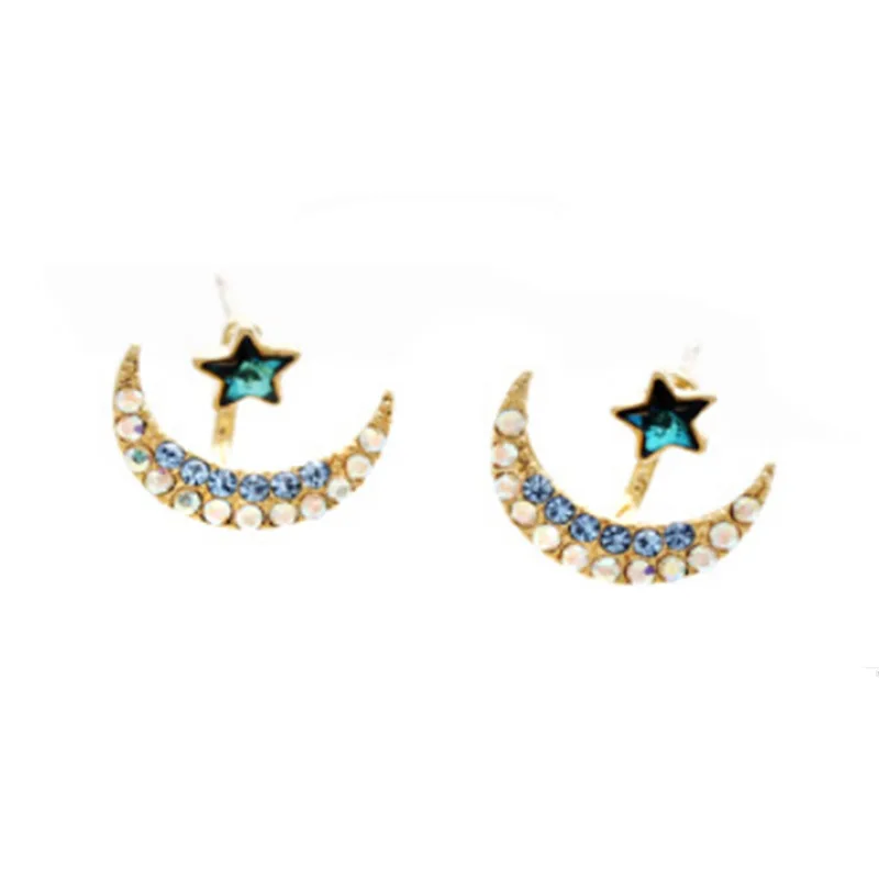 Shiny Full Rhinestones Crystal Stud Earrings Fashion Moon Star Double Sided Earrings For Women Girls Statement Ear Jewelry