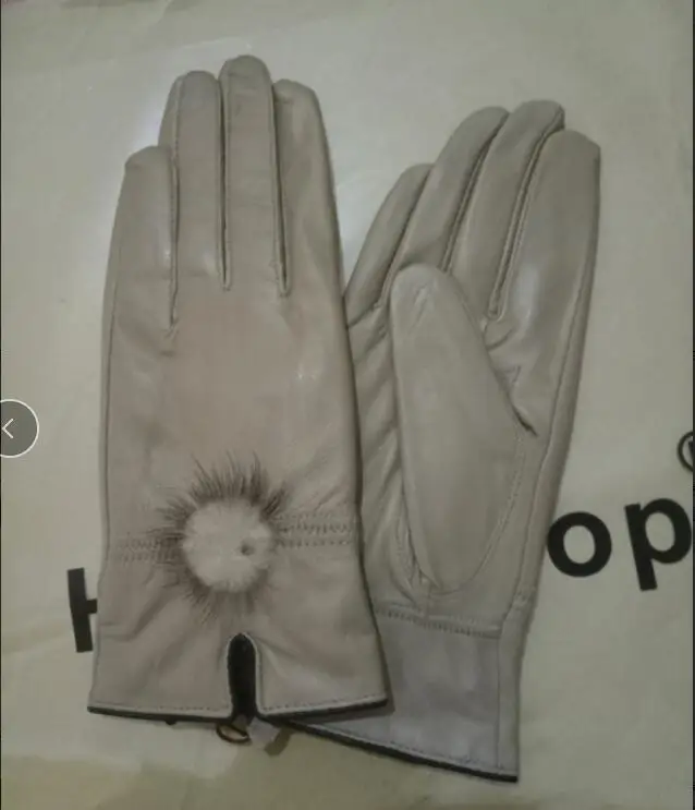 women leather gloves Color genuine leather gloves female sheepskin gloves women\'s thin thermal mink hair ball 2017 new
