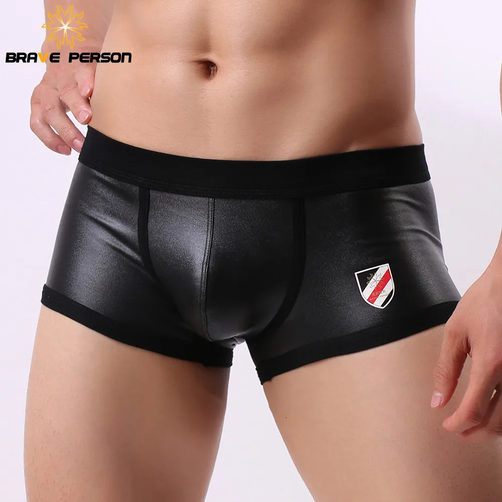 BRAVE PERSON Sexy Men Imitation Leather Boxers Shorts Underwear Men Underpants U Convex Pouch Boxer Shorts For Man