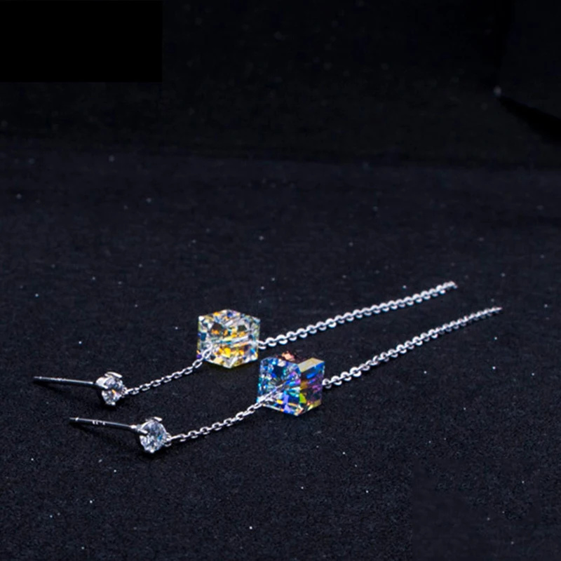 Original Crystals from Austria Cubic Beads Long Chain Drop Earrings Silver Color Piercing For Women Office Jewelry