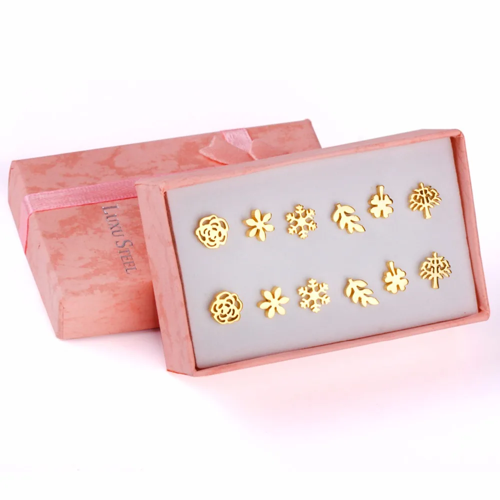 LUXUSTEEL Stainless Steel 6pairs/Box Earring Sets Mixed Style Tree/Snowflake/Leave/Flower Shape Stud Earrings Female Jewelry