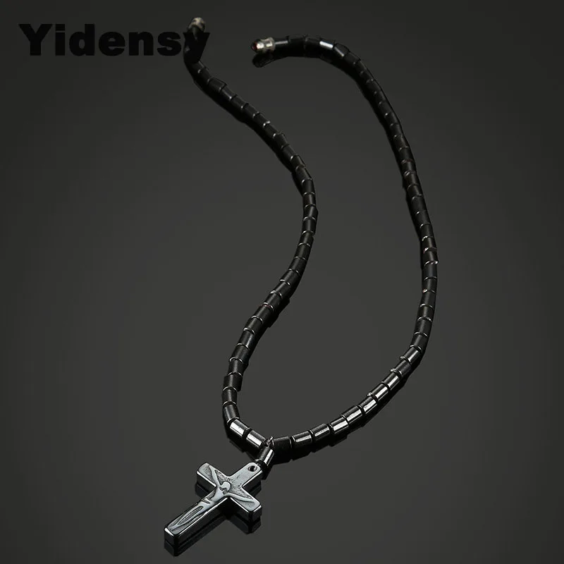 Fashion Punk Cross Jesus Pendant Neckalces Health Care Hematite Beads Necklace for Women Men Christian Pray Jewelry