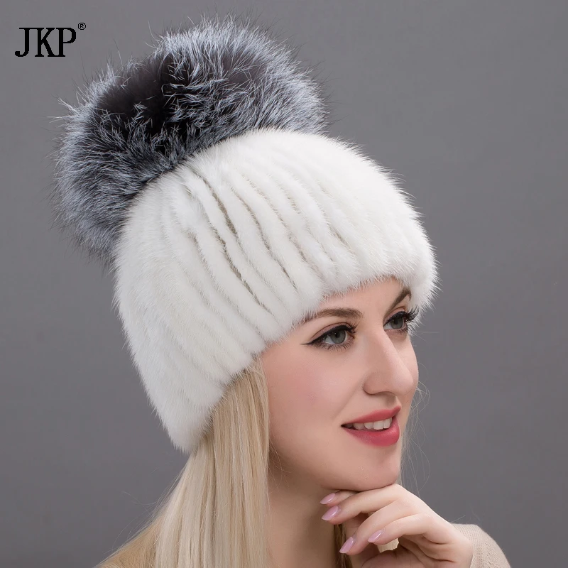 Real Mink Fur Hat For Winter Women Imported Knitted Mink Cap With Fox Fur 2022 New Hot Sale High Quality Female Beanies DHY17-04