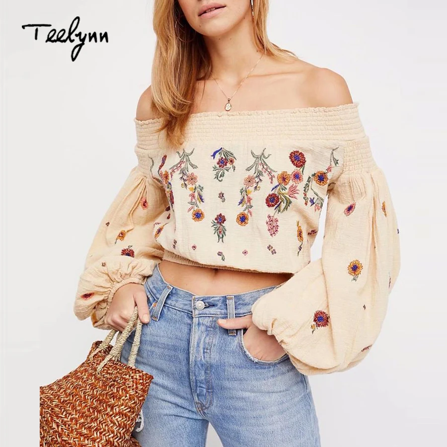 TEELYNN short Boho blouse 2021 floral Embroidery sexy off shoulder summer crop top long sleeve chic women blouses Hippie blusas