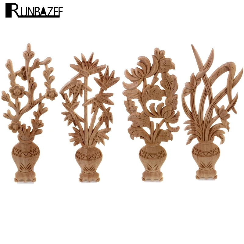 

RUNBAZEF Flower Carving Natural Wood Appliques Carved Wooden Vase Unpainted Mouldings Decal Decorative Figurine Vintage Home