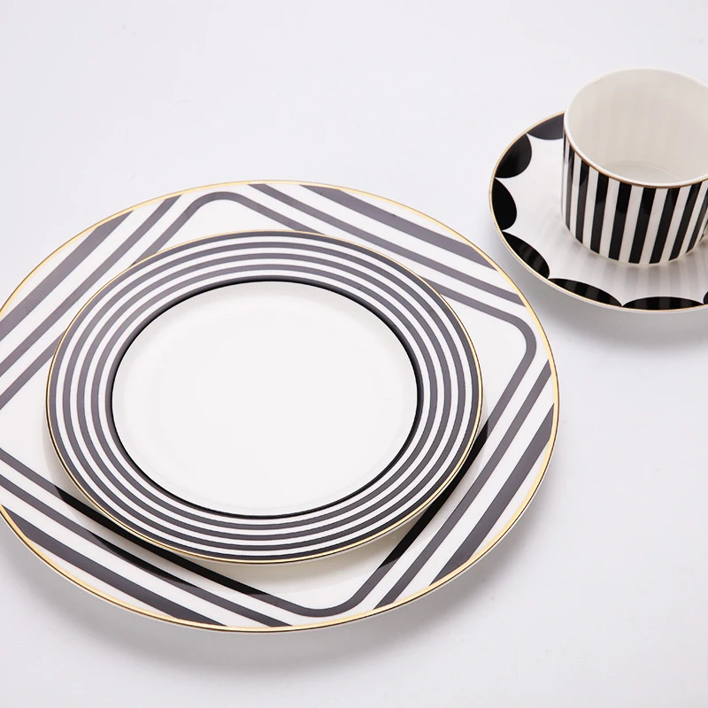 Bone China Tableware Set, Black and White Stripe Design, Flat Steak Plate, Coffee Cup and Dish, Dessert Tray, Golden Drink Ware