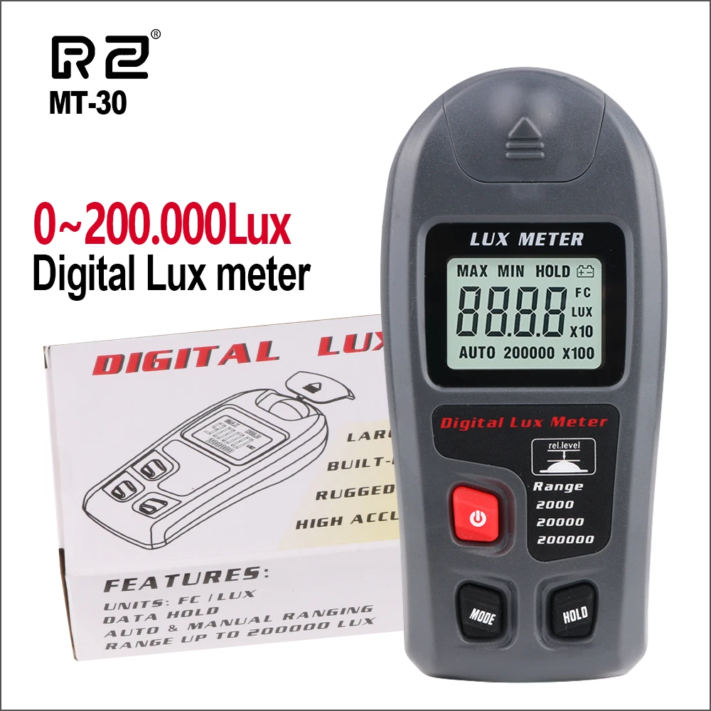 RZ Lux Meter Digital 200,000 Lux Digitale LCD Luce Della Tasca del Tester Lux/FC Misura Tester Sensore di illuminometer Fotometro MT-30