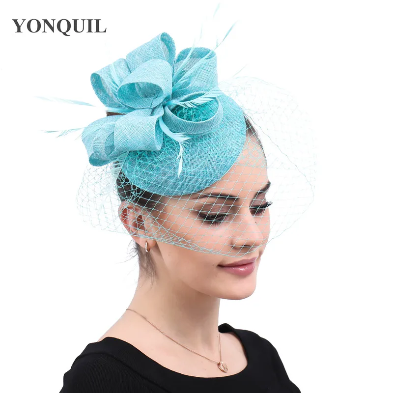 Turquoise Classic Mesh Fascinating Hair Clip Hat Headband Bowler Feather Bridal wedding Veil Wedding Party New Hair Clip SYF567