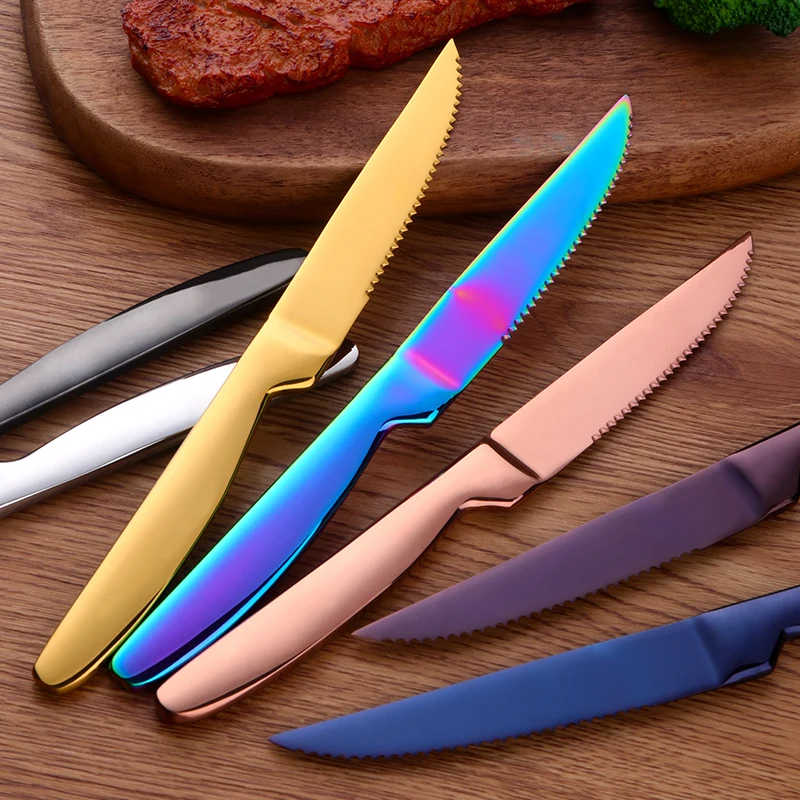 4PCS Stainless Steel Rainbow Steak Knife Sharp Table Knives Set Restaurant Cutlery Dinner Knife Gold Steak Knives Dinnerware Set