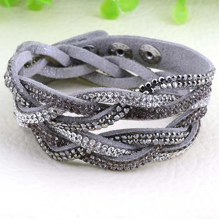 Miasol Braided Suede Leather Double Wrap Bracelet With Biling Crystal Rhinestone Wrapped Bracelet Armband For Women Gift