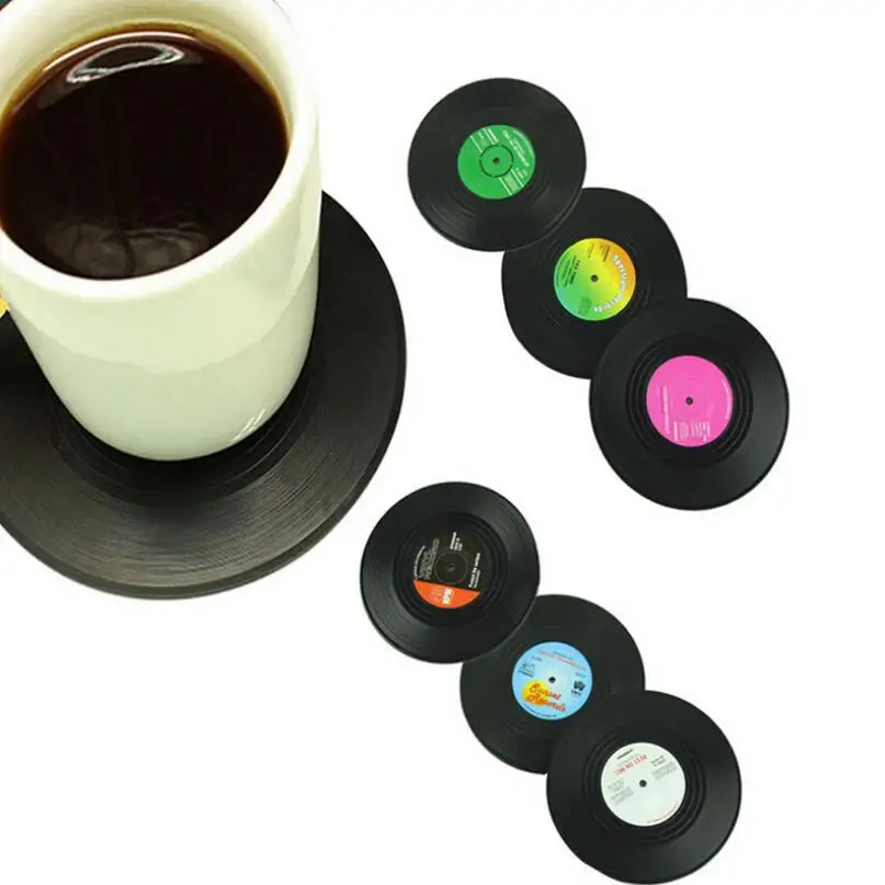 6Pcs/set Drinks Coasters Table Cup Mat Coffee Drink Placemat Spinning Retro Vinyl CD Record Coasters LX6567