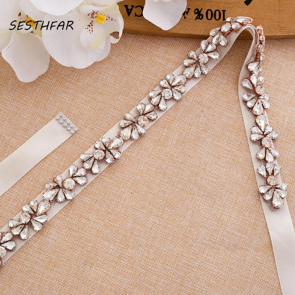 Crystal Pearls Bridal Belt Rose Gold Wedding Belt Thin Rhinestones Wedding Dress Sash For Bridal Accessories J176RG