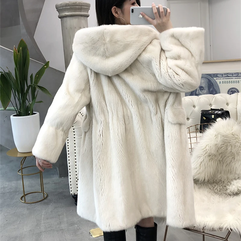 2023 Fashion Copenhagen Mink Whole Fur Women X-long Natural Real Girl Coat with Hood  Winter Thick Warm Female Mink Fur Jacket