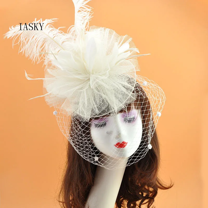 Natural Ostrich Feather Headwear Fashion European Ladies Cocktail Derby Party Dot Veil Fascinator Hat Hair ClipHair Accessories