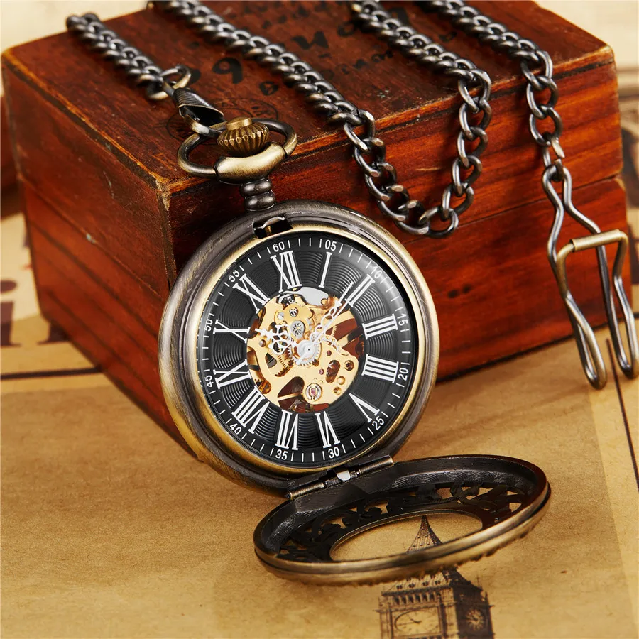 Vintage  Mechanical Pocket Watch With Fob Chain Hollow Hand-winding Pendant Clock Men Women Gold Bronze Watch Gift