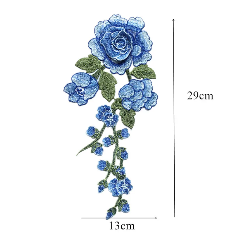 29CM Red Blue Embroidered Sew Patch Rose Flowers 3D Peony Wedding Appliques Lace Trims For Bride Evening Dress DIY Decoration