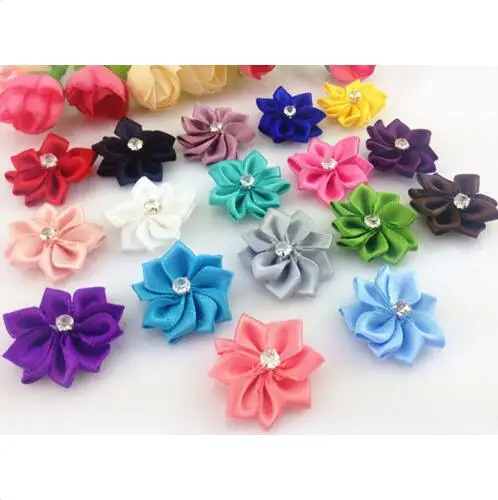 DIY 20PCS Satin Ribbon Flower with Crystal Bead Appliques~Craft/Trim