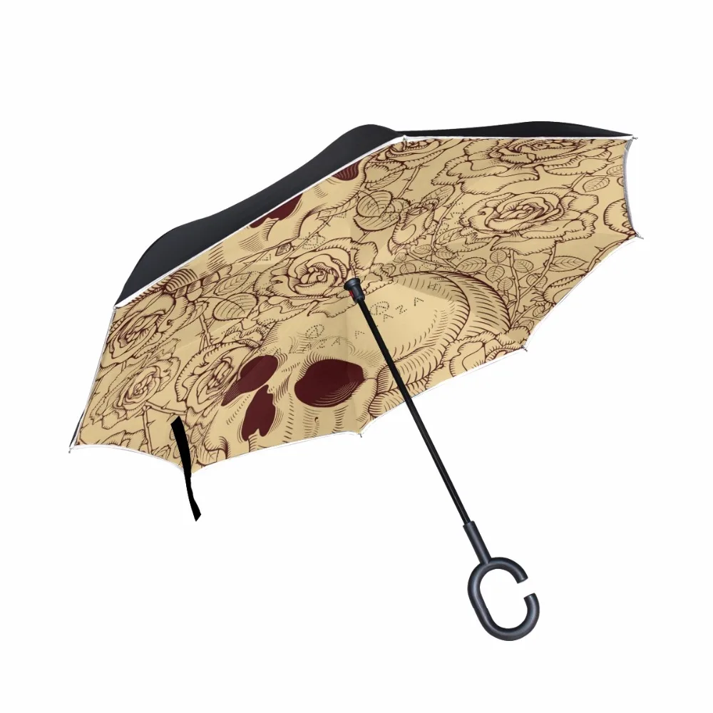 Skull & Flowers Windproof Reverse Umbrella Double Layer Long Shank Inverted Creative Customized Rain Protection Travel Size