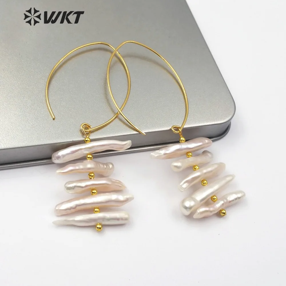 WT-E520 Natural Pearl Statement Earring Five Pieces White Pearl Bar With Metal Hoop Women Fashion Dangle Earring