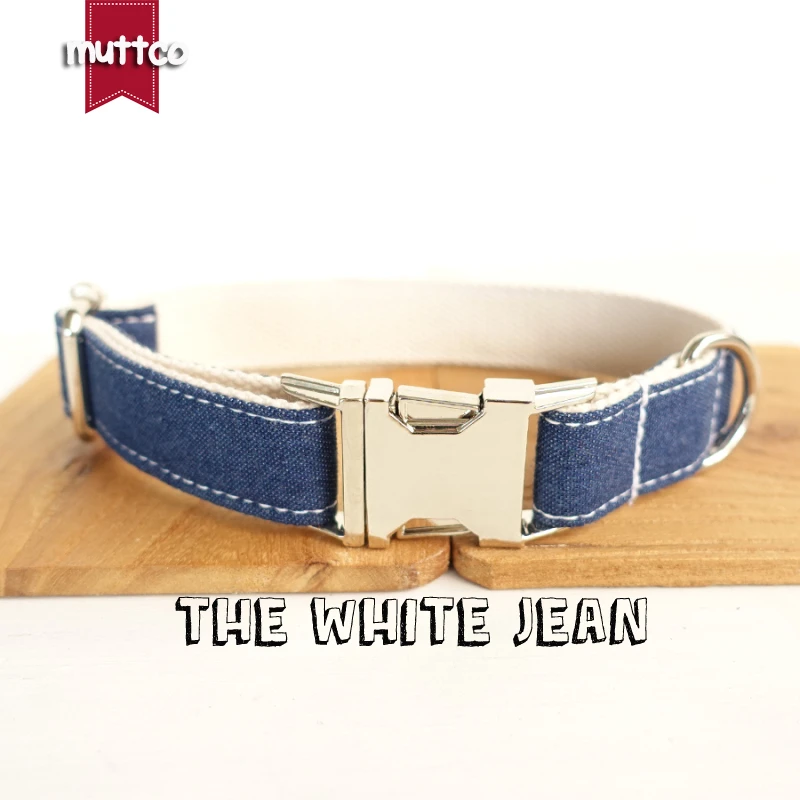 

MUTTCO retailing special self-design puppy pet accessory gift THE WHITE JEAN stripe dog collar with bow tie 5 sizes