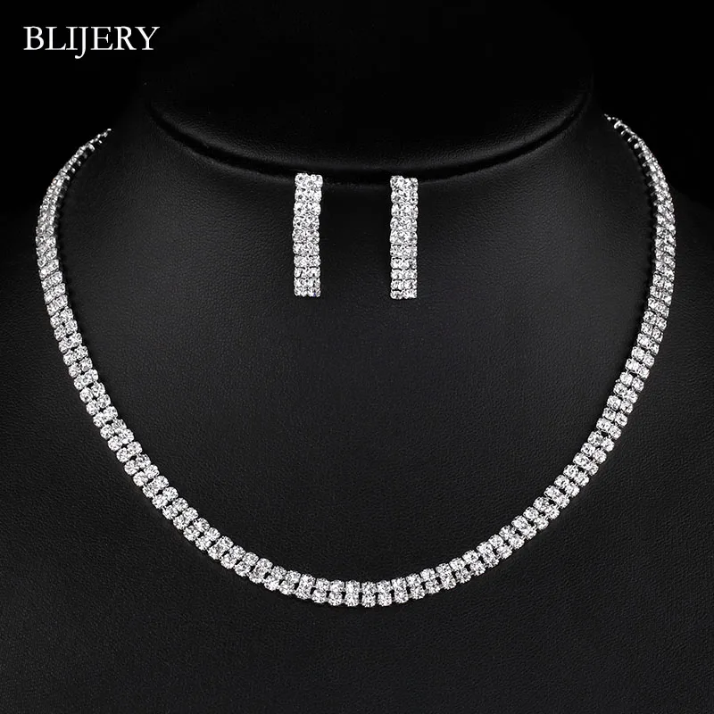 BLIJERY Sparkling Crystal Bridal Jewelry Sets Silver Color Choker Necklace Earrings Bracelet Set for Women Wedding Jewelry Sets