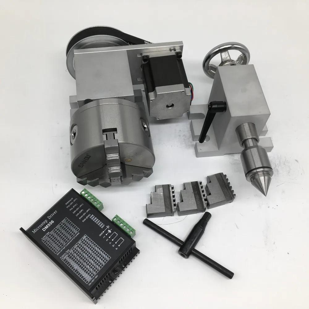 4 Axis rotation A Axis Extend Rotary & Nema23 stepper motor & Driver & 80mm Chuck& MT2 Tailstock kit for wood CNC Milling Router