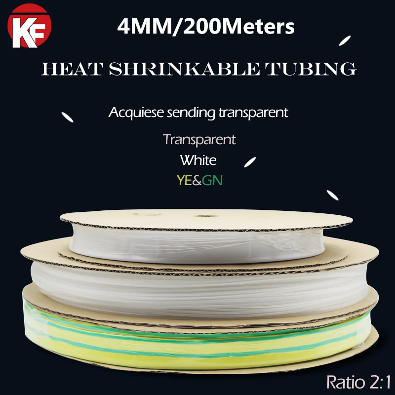 

(200Meters/lot) 4MM Inner Diameter White/YE&GN/Transparent Clear Heat Shrink Tubes Shrinkable Tubing Insulation Cable Sleeve
