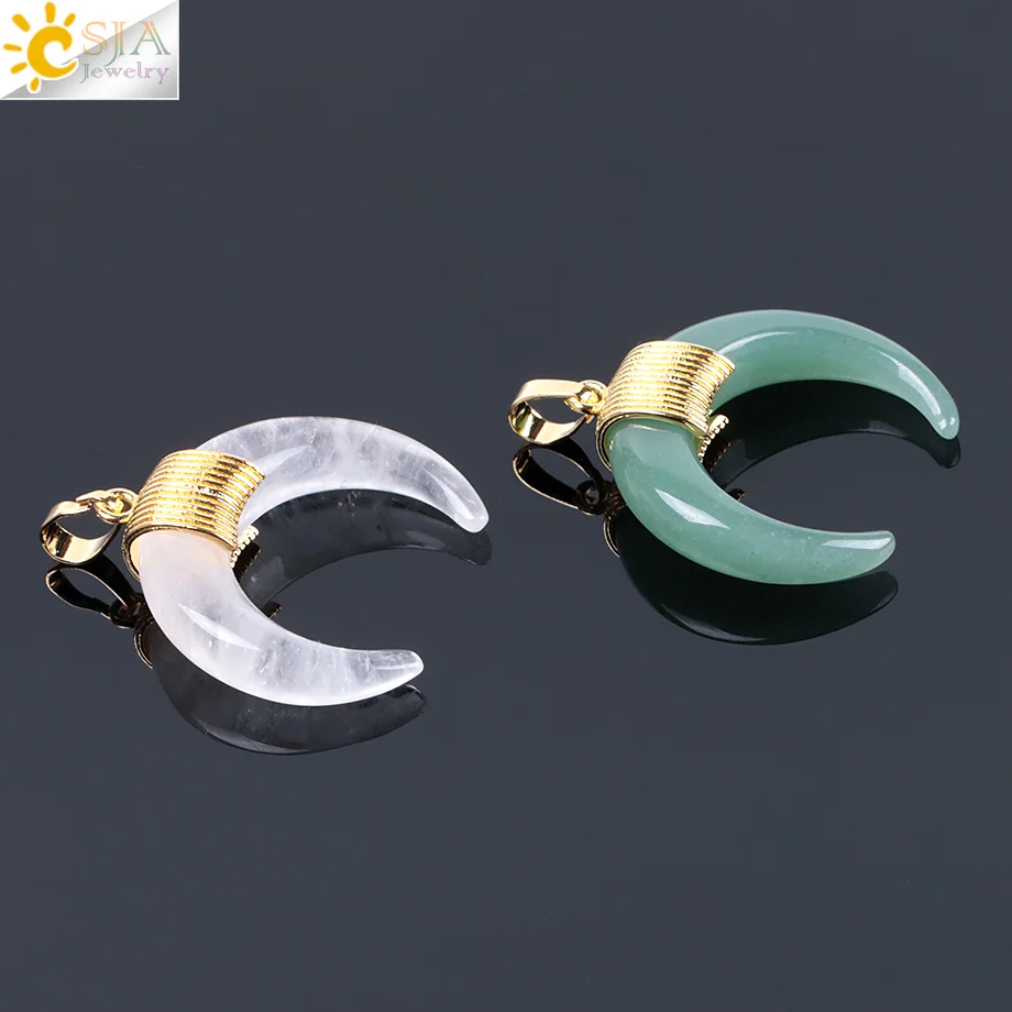 CSJA 42x34x10mm Fashion Natural Stone Crescent Half Moon Pendant Without Chain Charming Crystal Beads Wire Fit DIY Necklace F064