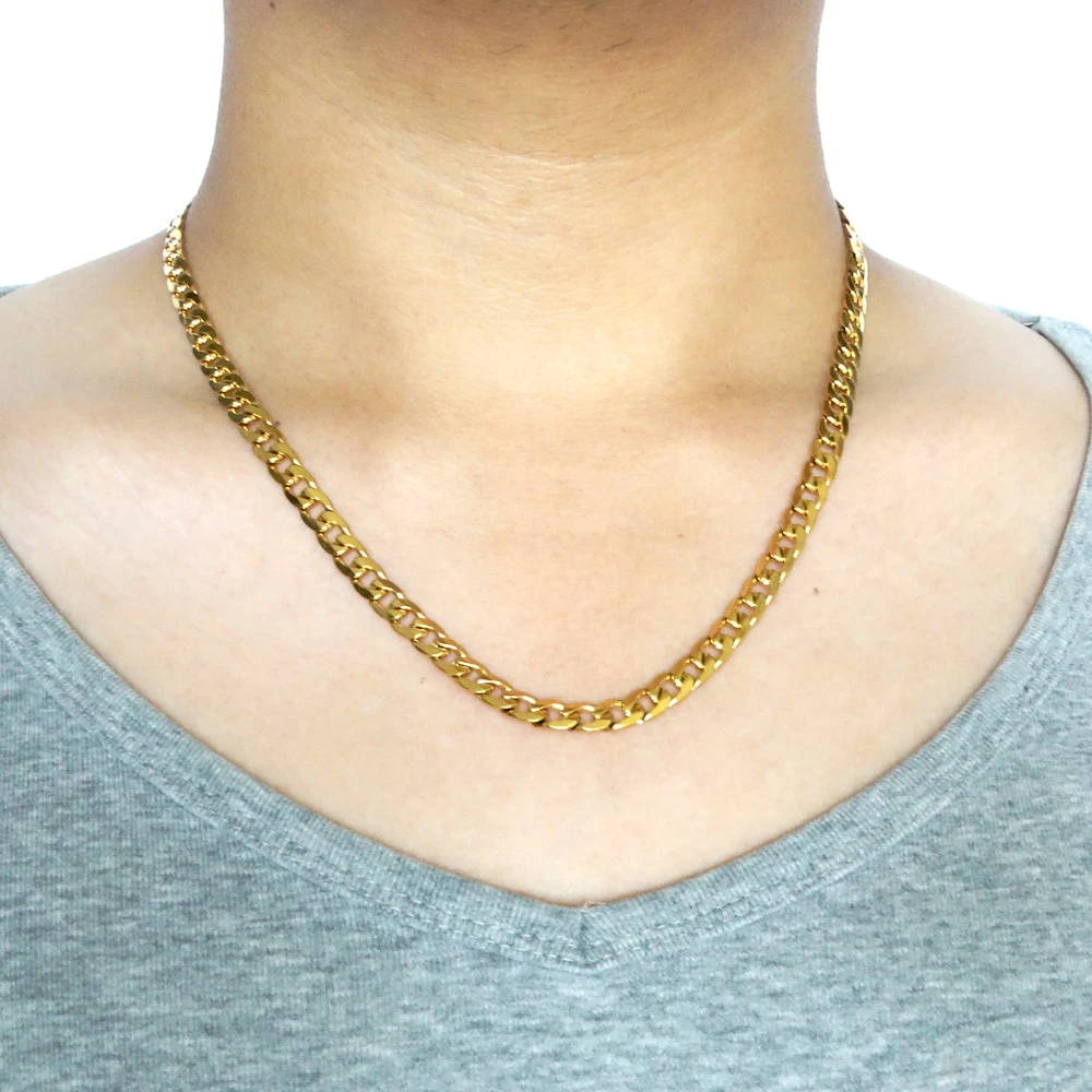 Gold Color Necklace Stainless Steel 6MM 20\'\'-36\'\' Inches Men Women Fashion Jewelry Curb Cuban Chain Masculine Choker