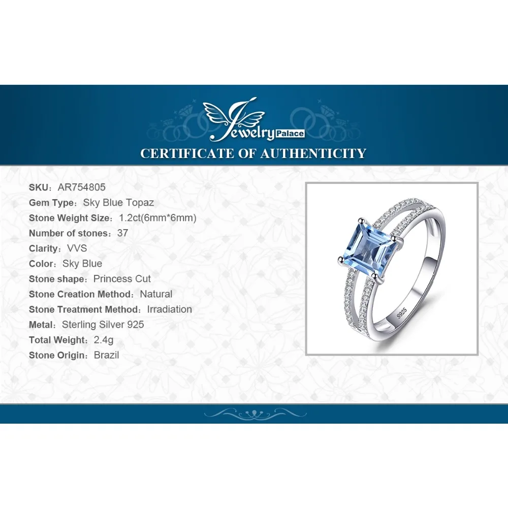 JewelryPalace, anillo de compromiso de Plata de Ley 925 con topacio azul cielo de corte princesa de 1,2 quilates para mujer, joyería fina de piedras preciosas, regalo de boda