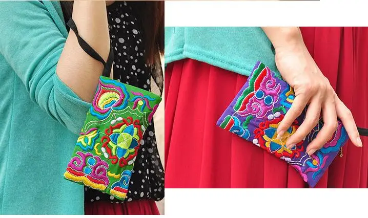 5 pieces National Fashion Ethnic Embroidery Wallet Long Purse Handmade Flowers Double Side Embroidered Clutch Bags