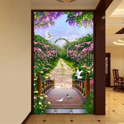 3D Living Room Entrance Wall Decor Custom Mural Photo Wallpaper Garden Flowers Road Wall Paper Murals 3D Non-woven Wallcoverings