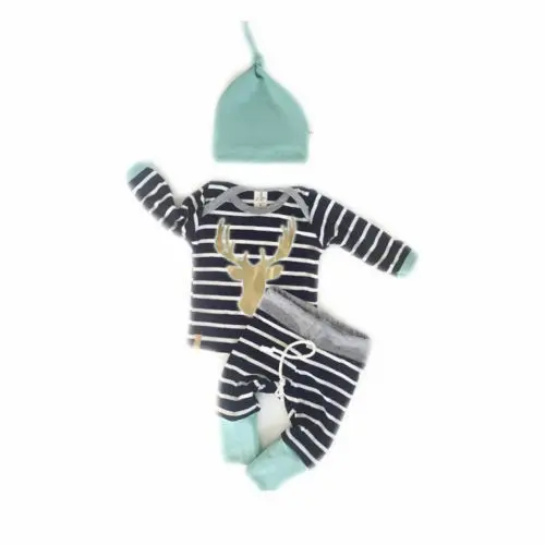 US 3pcs Newborn Baby Boys Girls Long Sleeve Deer Tops + Striped Long Pants Hat Outfits Set Clothes 0-18 Months