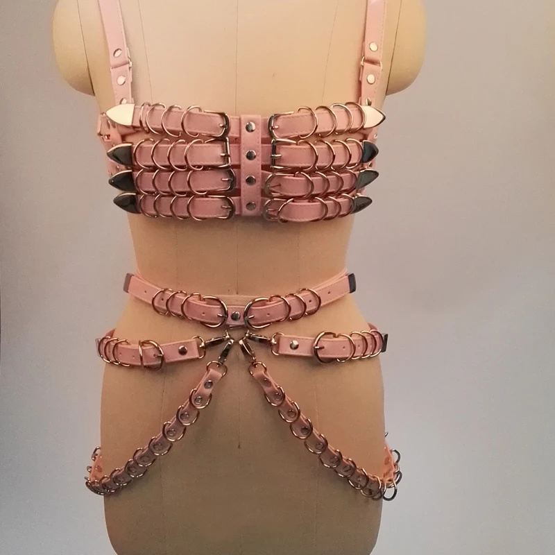 100% Handmade Punk Gothic PU Leather Bra Top Heavy Duty 4 Row Body Waist Belt Waist Cincher Suspender