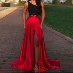 Fashion Burgundy High Waist Long Skirts Sexy Side Slit Elastic Satin Floor Length Party Formal Skirt For Women Maxi Skirt Custom
