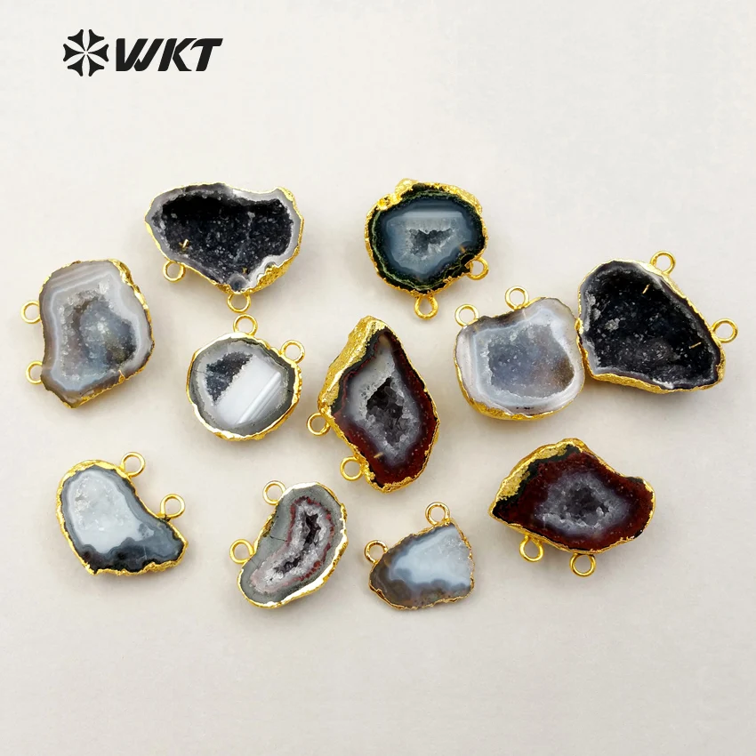 WT-P1159 Wholesale natural shape and color geode pendant High quality geode druzy charm with double loops for women jewelry make