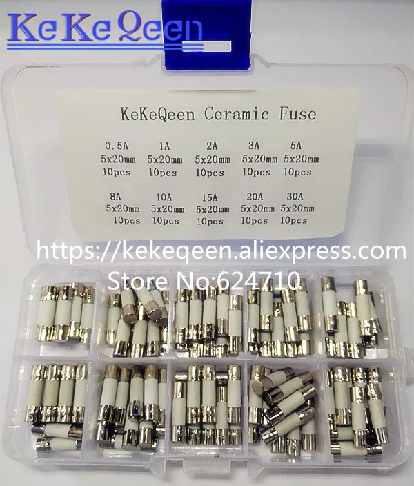 10 Kinds 100pcs/lot 5x20mm 5*20 Ceramic Fuse Box Assortment 0.5A 1A 2A 3A 5A 8A 10A 15A 20A 30A size 5*20mm Ceramic tube 5*20