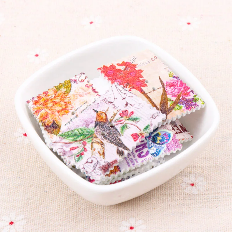 Mix Flower Bird Painted Postage Stamp Pattern Wooden Buttons 2 Holes Handmade Sewing Scrapbooking Crafts 40x28mm 10pcs MT0834-FD