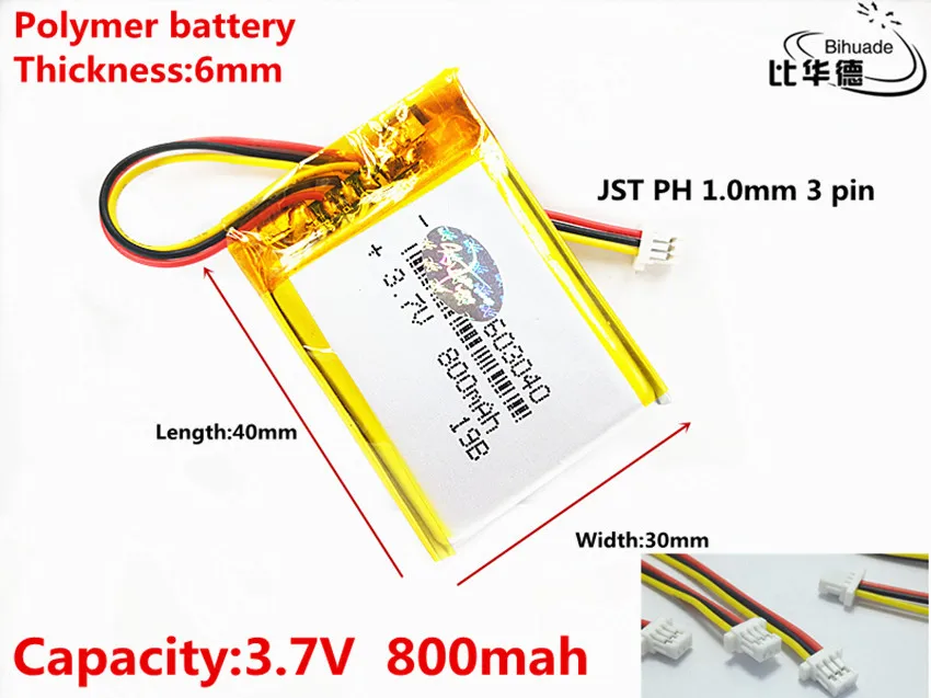 JST PH 1.0mm 3 pin Liter energy battery 3.7V,800mAH 603040 Polymer lithium ion / Li-ion battery for tablet pc BANK,GPS,mp3,mp4