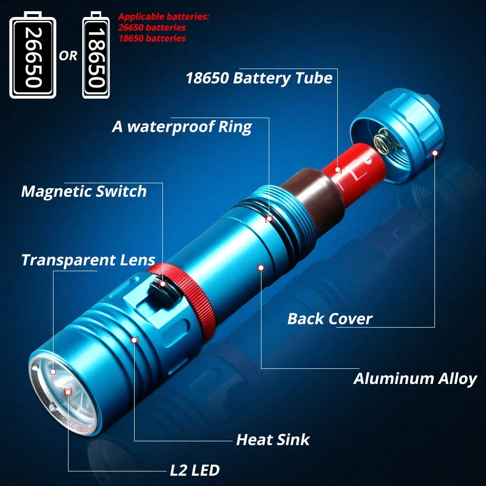 IPX8 100% Waterproof Diving flashlight LED L2 Underwater Flashlights Portable Lantern Dive Light Lamp 18650 26650 Battery Torch