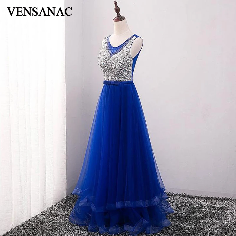 

VENSANAC O Neck Bow Sash A Line Long Evening Dresses Lace Tank Crystals Sequined Backless Tulle Party Prom Gowns