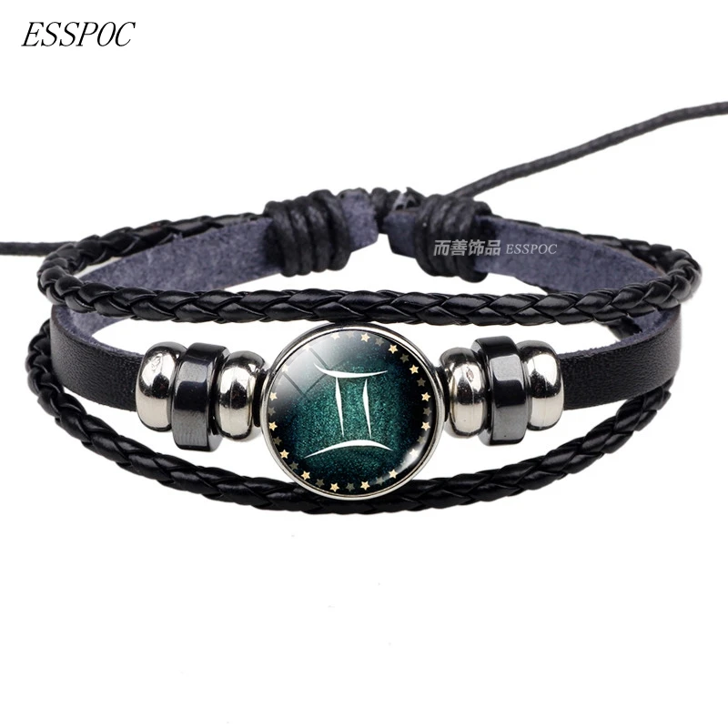 12 Zodiac Black Leather Bracelet Fashionable Handmade Woven Men's Bracelet Aries Pisces Virgo Jewelry Perfect First Choice Gift