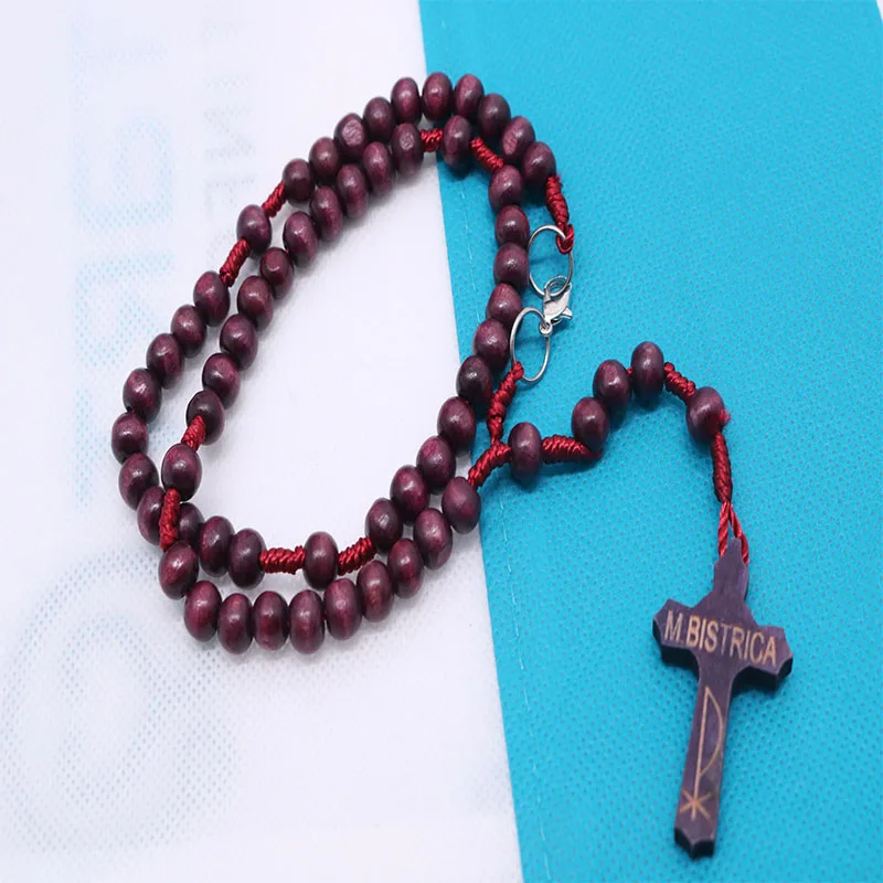 Natural Brown Wood Bead Line Rosary Necklace with Crucifix ST Benedict NR Holy Jerusalem Rosary Gift