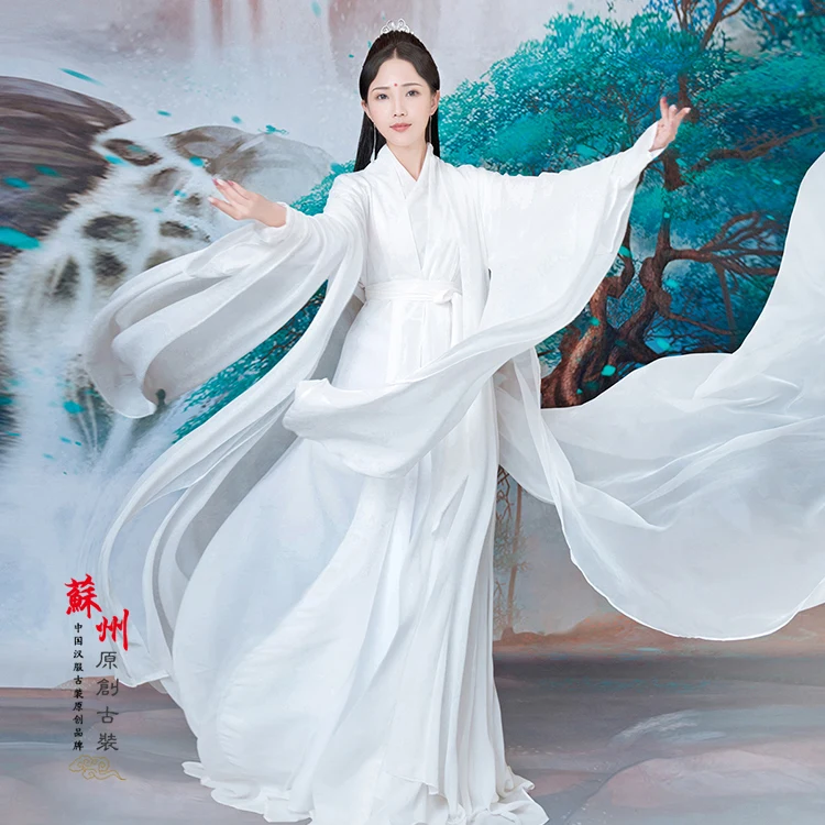 

BaiQian Pure White Chiffon Fairy Costume Hanfu for Photography or Stage Performance Peach Blossom Fairy Costume