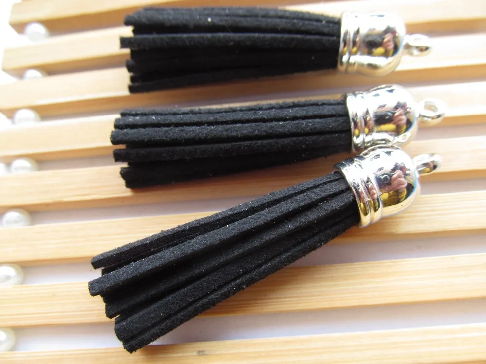 Free Shipping 100Pcs 59mm Black Suede Leather Jewelry Tassel For Key Chains/ Cellphone Charms Top Plated End Caps Cord Tip