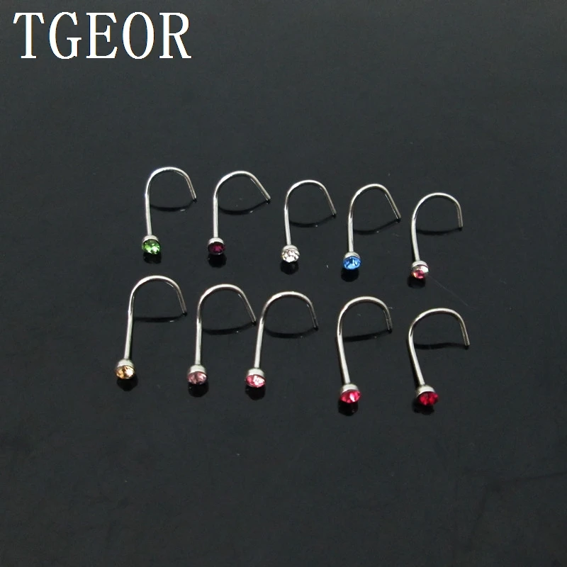 

Free shipping Hot wholesale 22G 200pcs nose stud Stainless Steel gem colors stone fish tail shaft piercing nose ring